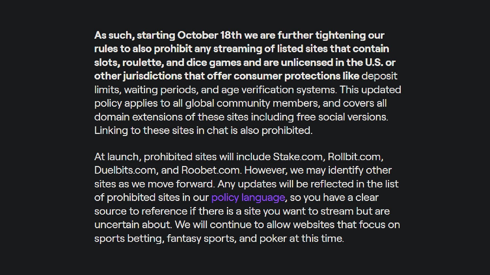 Policy update on gambling. (Image via safety.twitch.tv)