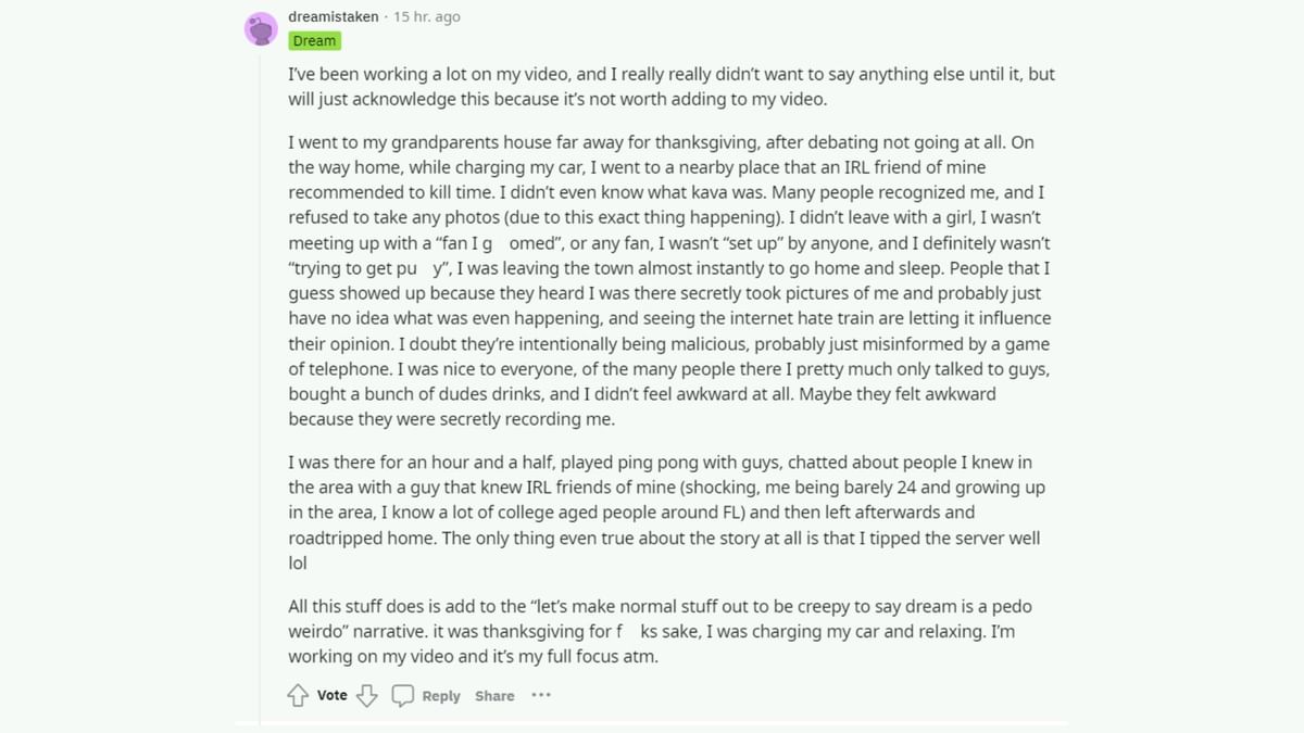 "Didn't leave with a girl" Dream clarifies the controversial Kava bar