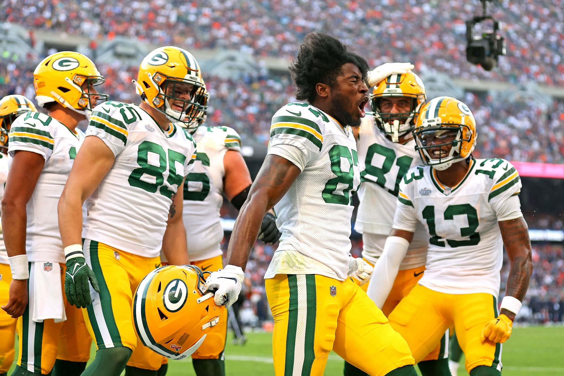 Romeo Doubs (Middle ) at Green Bay Packers v Chicago Bears