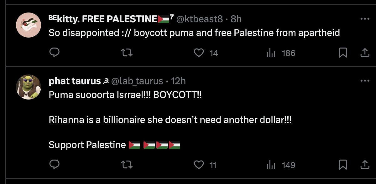 Social media users lash out at the Fenty collaboration with the sports brand amidst the Israel-Hamas conflict. (Image via @RapAlert/ Twitter)