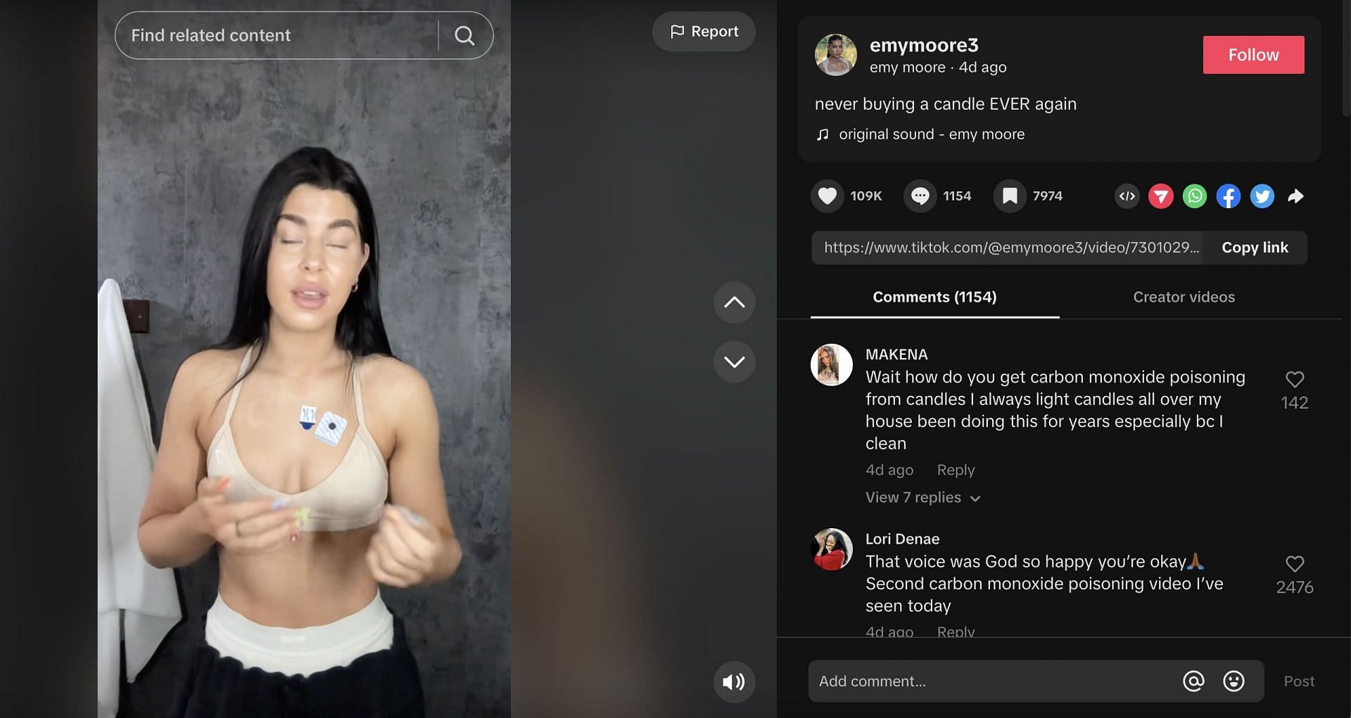 Social media users were left shocked as TikToker claimed she got poisoned after she burned a candle for many hours. (Image via Emy Moore/ TikTok)