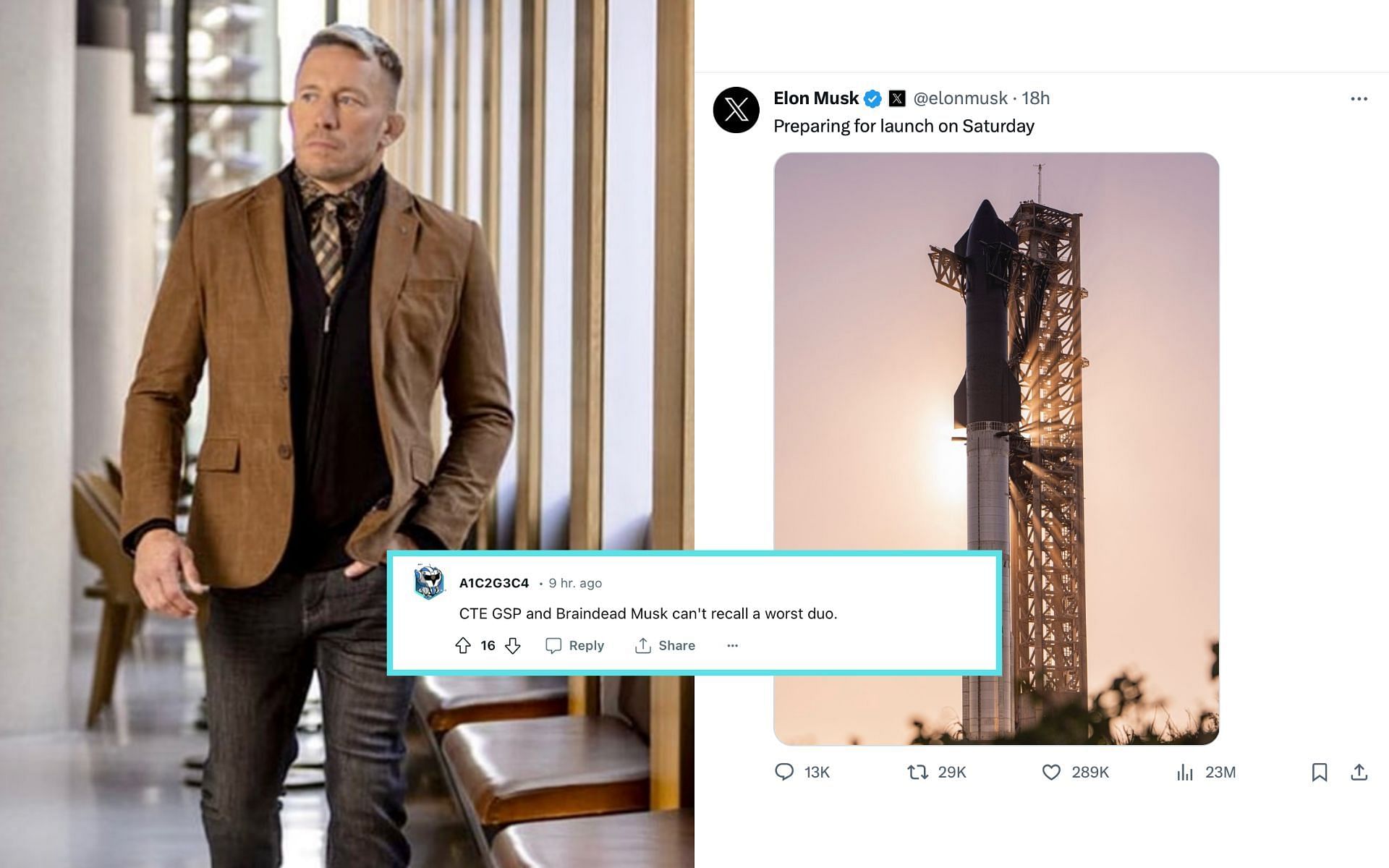 Georges St-Pierre (left) reacts to Elon Musk