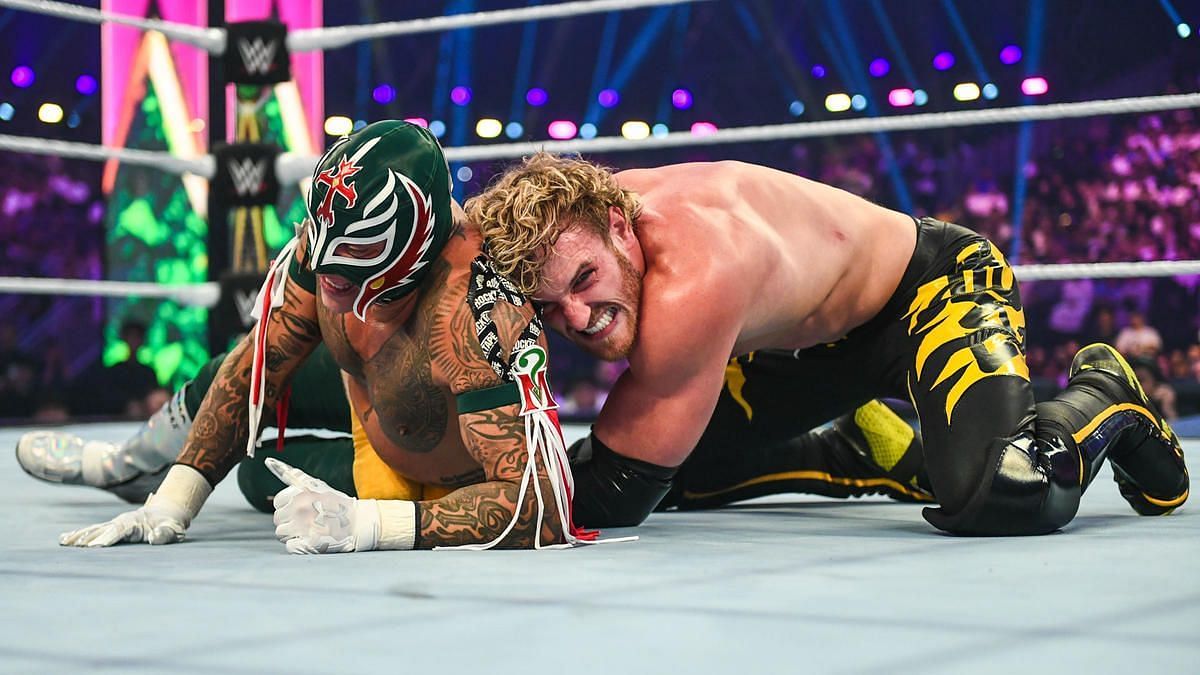 Rey Mysterio and Logan Paul in action at Crown Jewel