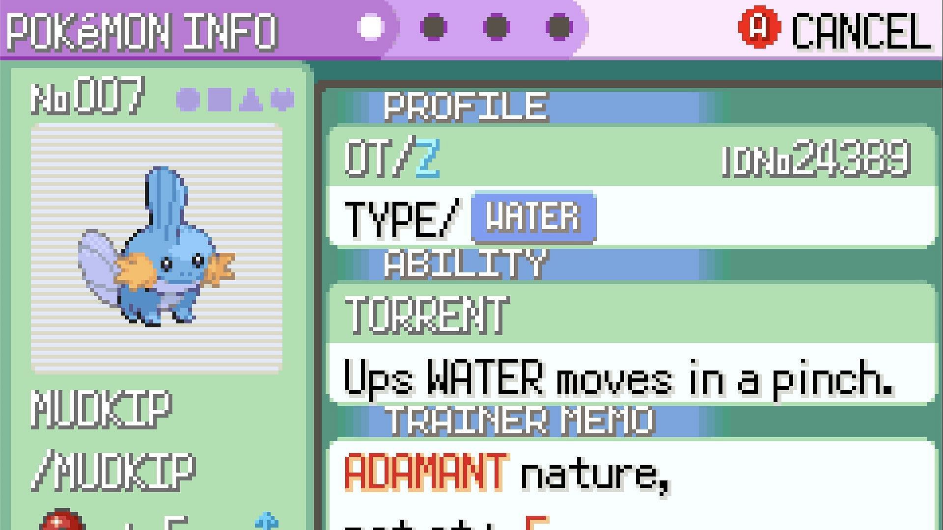 A Pokedex entry for Mudkip showing its nature in the Pokemon series.