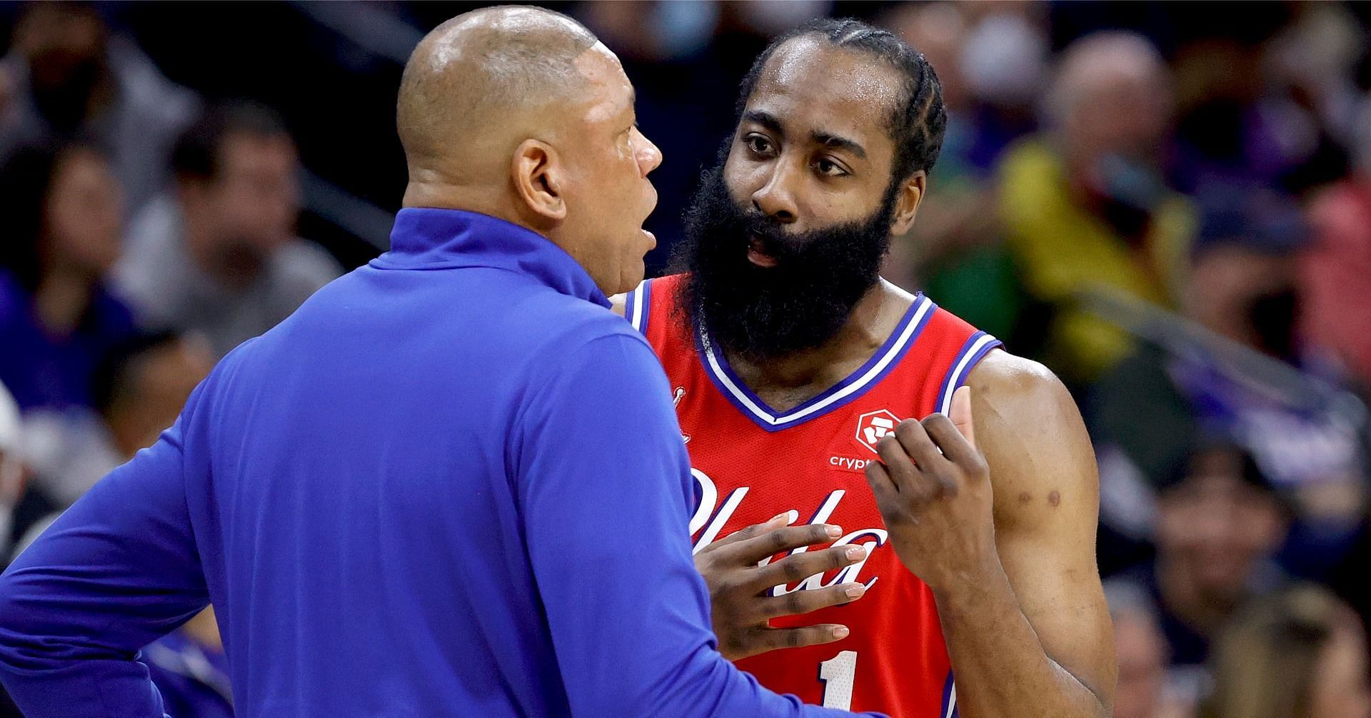 Former Philadelphia 76ers coach Doc Rivers and former Sixers star guard James Harden