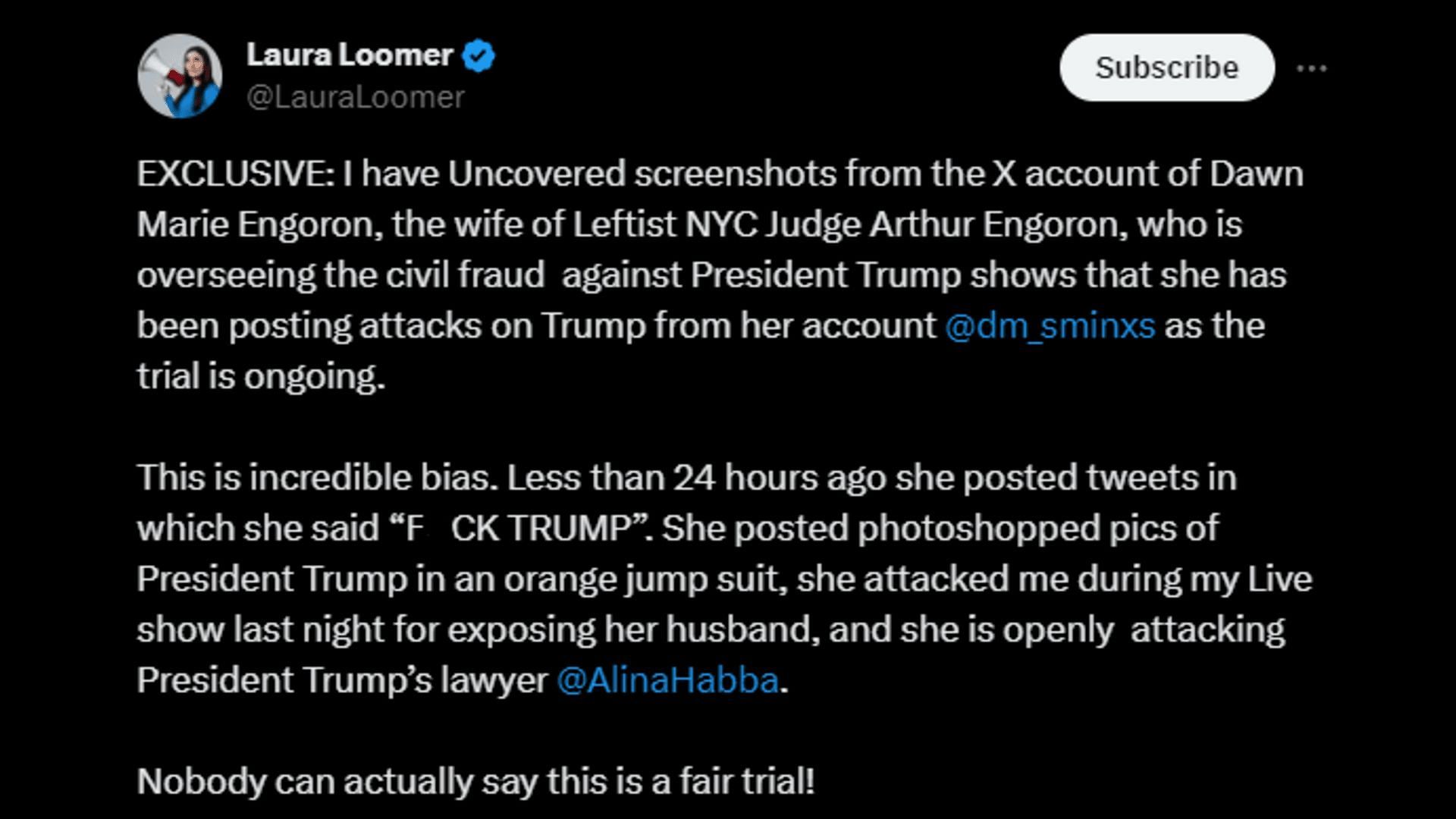 Conservative activist Laura Loomer claiming that the Judge Arthur&#039;s wife is anti-Trump. (Image via X/LauraLoomer)