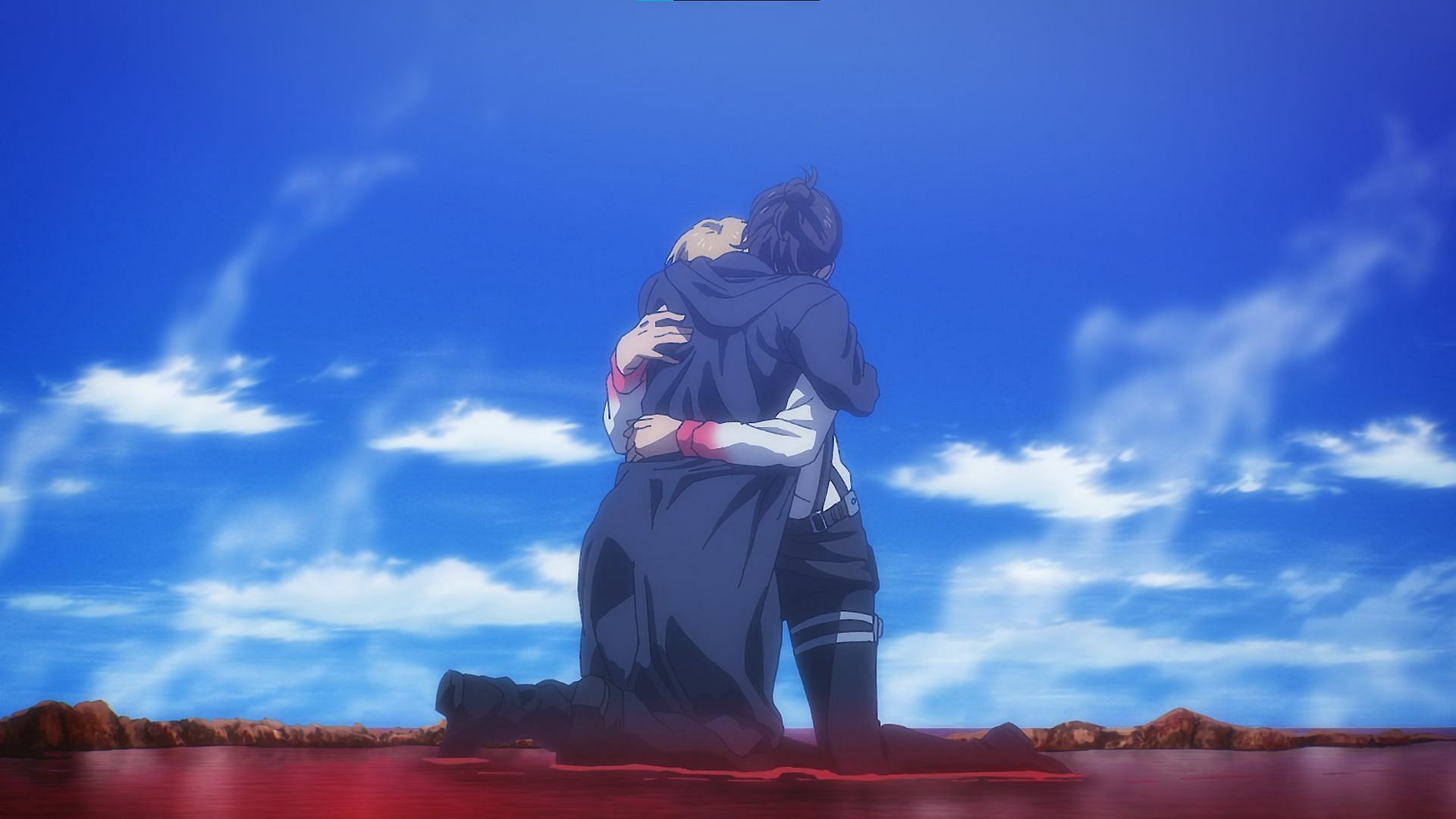 Armin hugs Eren in Attack on Titan finale (Image via Mappa)