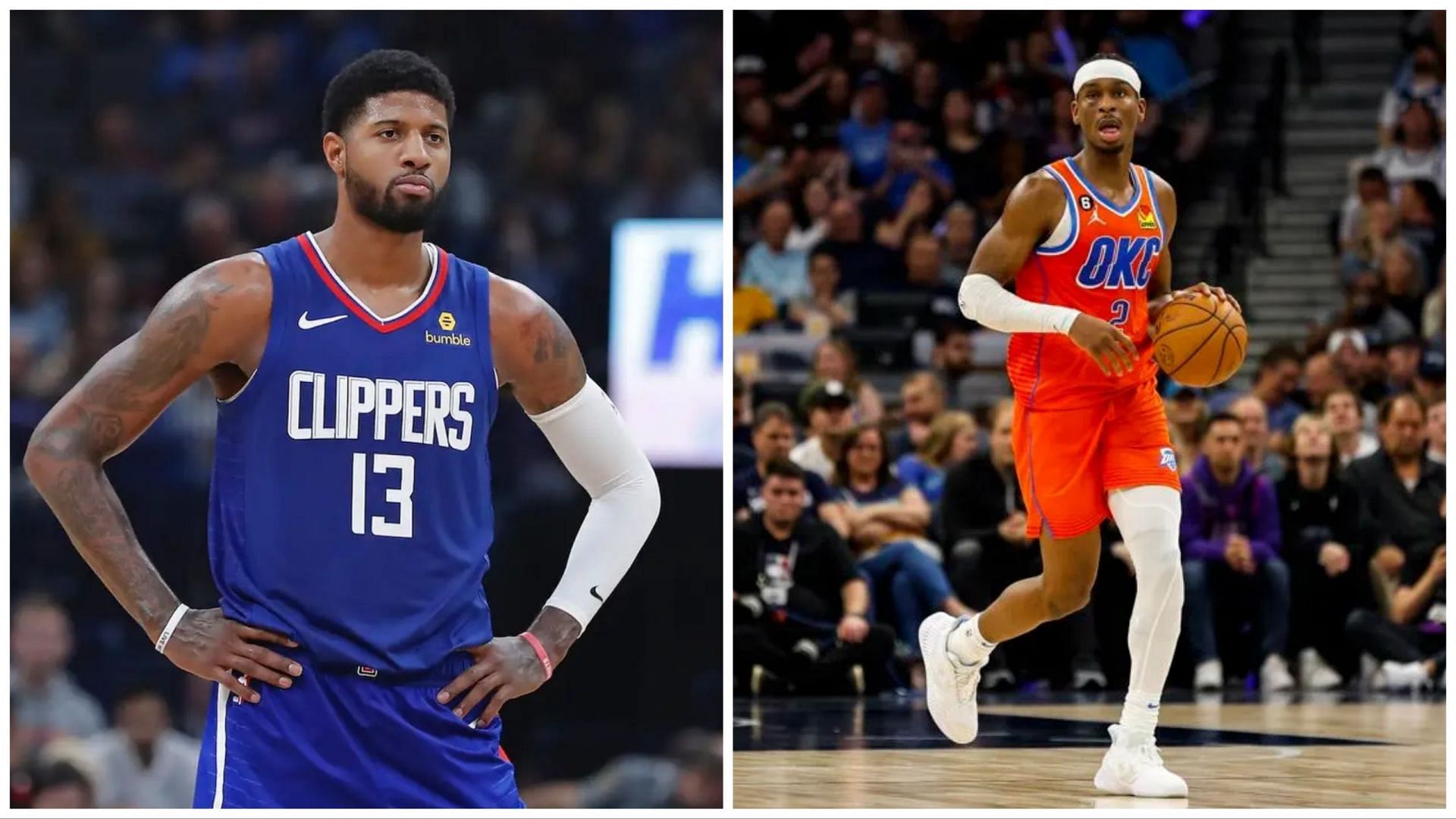 Paul George (left) and Shai Gilgeous-Alexander (right) are among the Top 5 NBA leaders in deflections