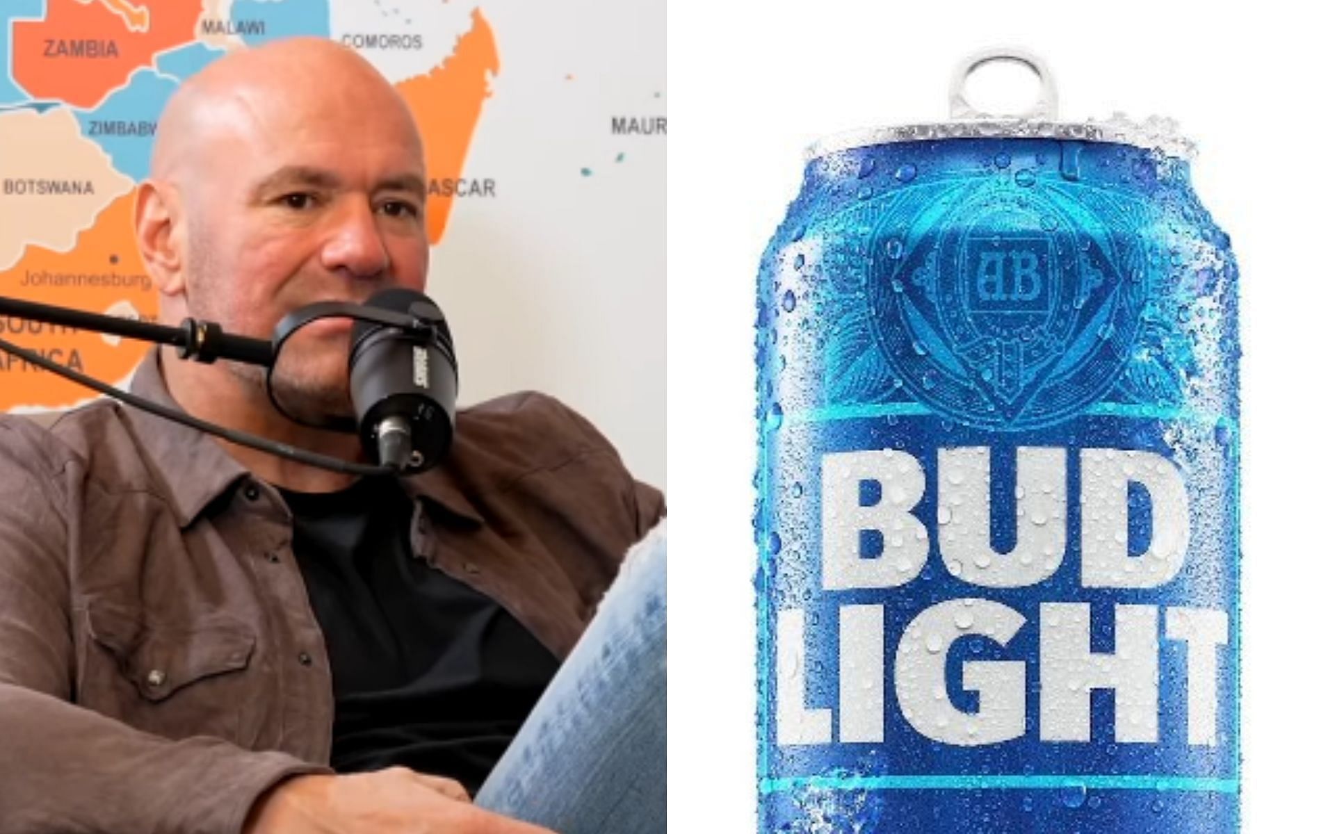 Dana White [Left], and Bud Light can [Right] [Photo credit: FULL SEND PODCAST - YouTube and @budlight - X]