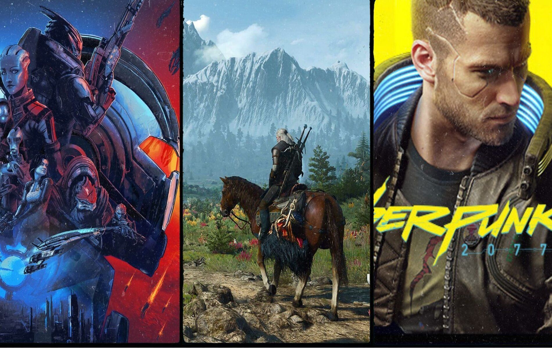 Screenshots and coverart from Mass Effect, The Witcher 3 and Cyberpunk 2077