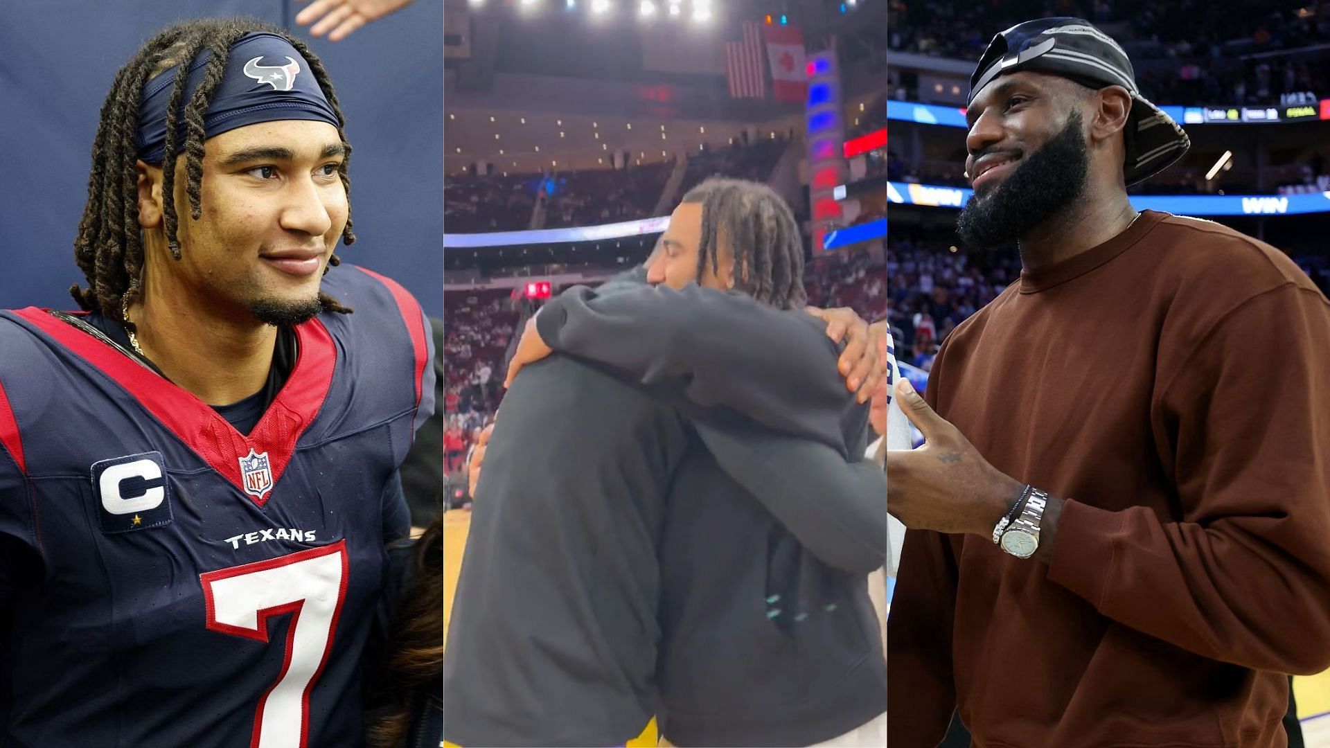 CJ Stroud meets Lebron James - outer images via Getty, inner image via X/Houston Texans