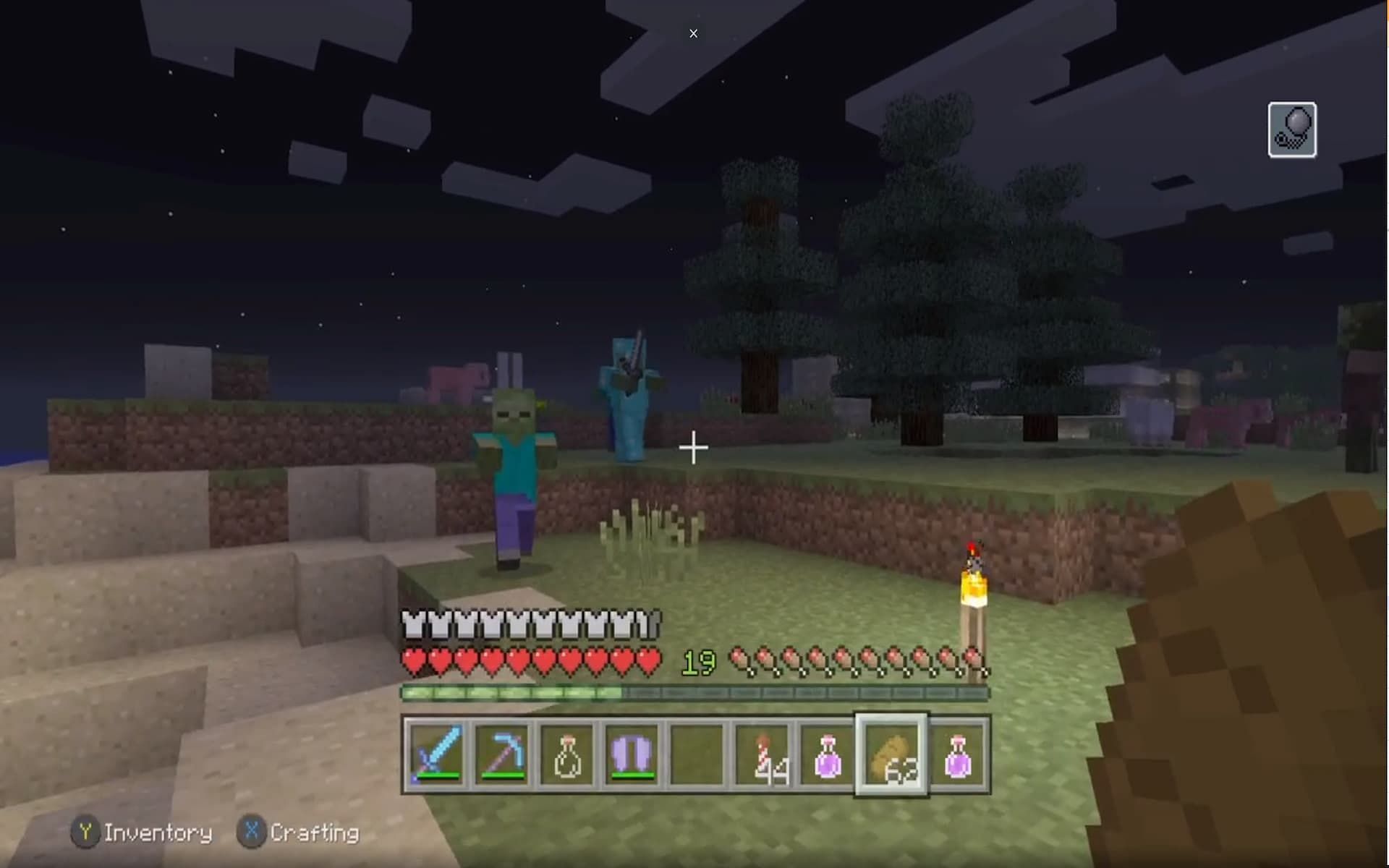 A player encounters a zombie in full diamond armor with a sword in Minecraft