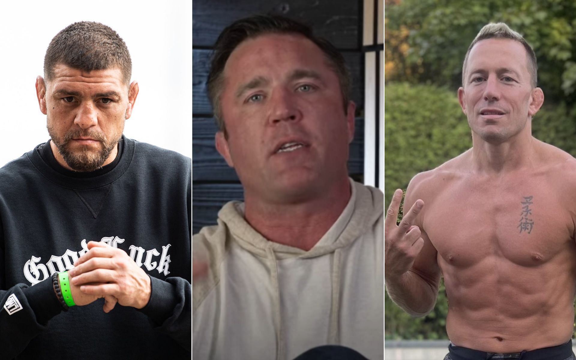 Nick Diaz [Left], Chael Sonnen [Middle], and Georges St-Pierre [Right] [Photo credit: @nickdiaz209 and @GeorgesStPierre - X, and Chael Sonnen - YouTube]