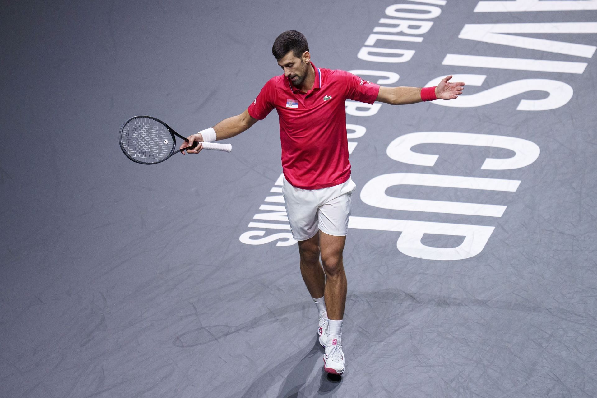 Djokovic in action against Sinner at the Davis Cup semifinal