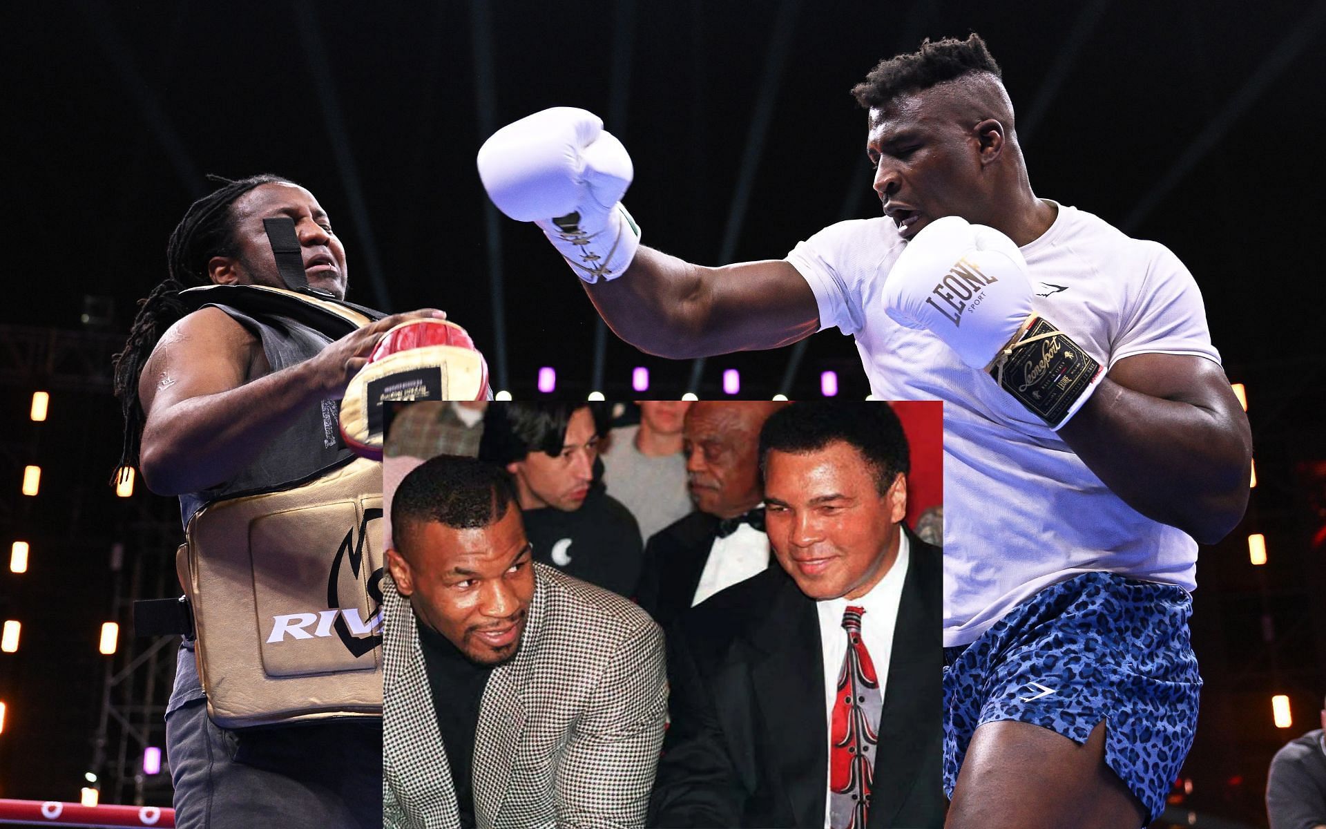 Francis Ngannou (behind) and Mike Tyson and Muhammad Ali (inset). [via Getty Images]