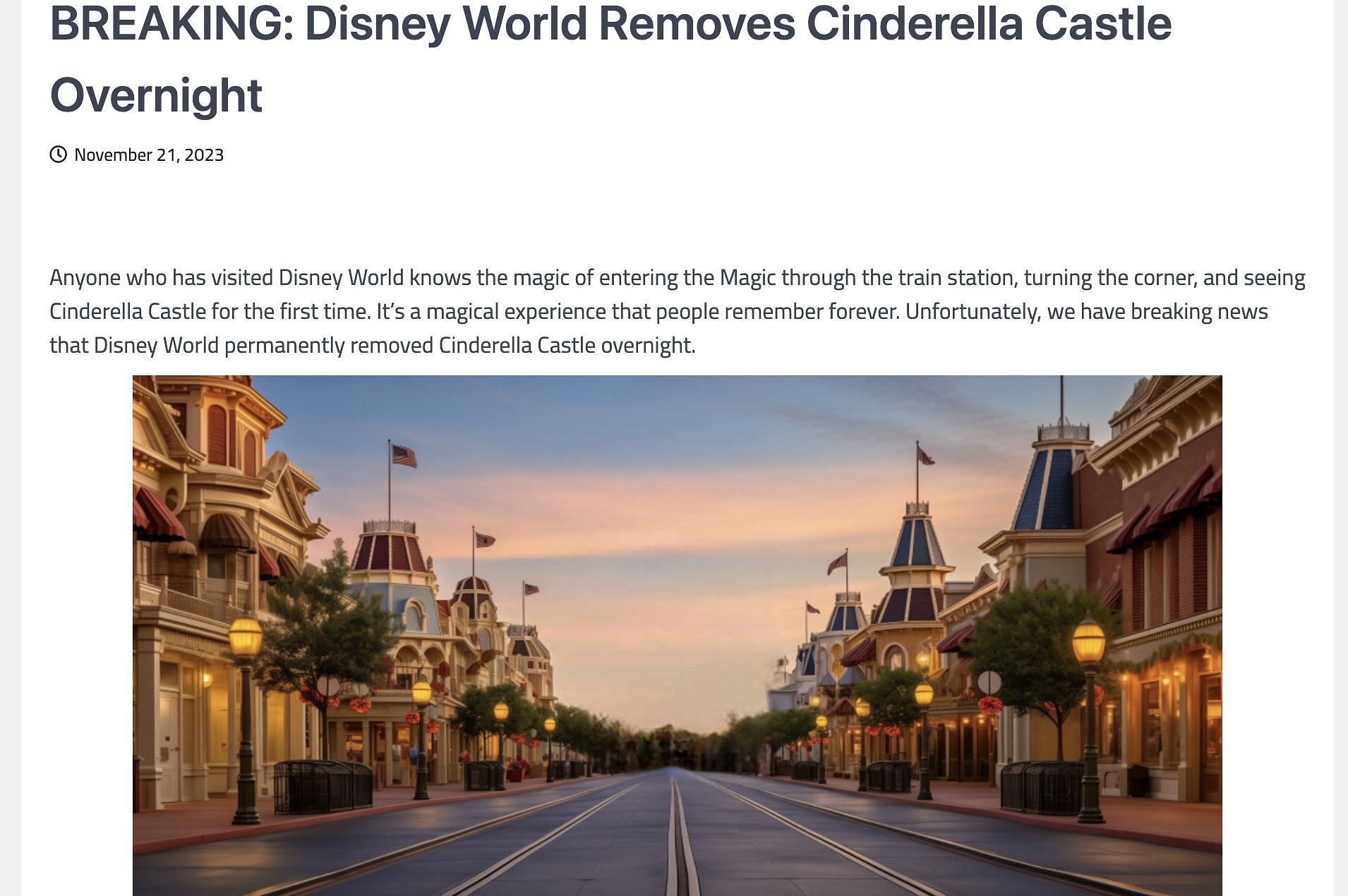 Fake news debunked: A website misreports about Disney permanently removing the iconic and popular Cinderella Castle. (Image via Mouse Trap News)