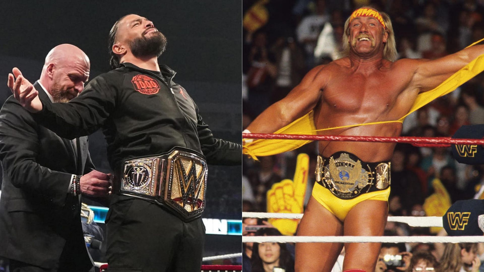 Triple H and Roman Reigns (left); Hulk Hogan (right)