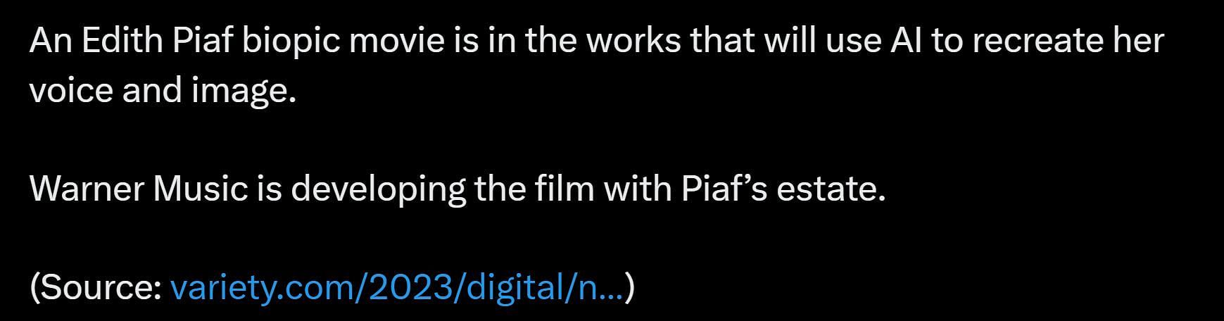 DF&#039;s post about the upcoming Piaf biopic (Image via X)