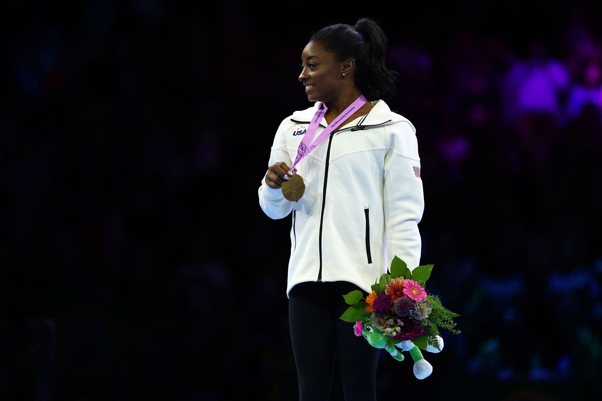 Gold Medalist Simone Biles of the USA poses for photographs on the podium for the Women&#039;s Floor Final during the 2023 Artistic Gymnastics World Championships in Antwerp, Belgium.