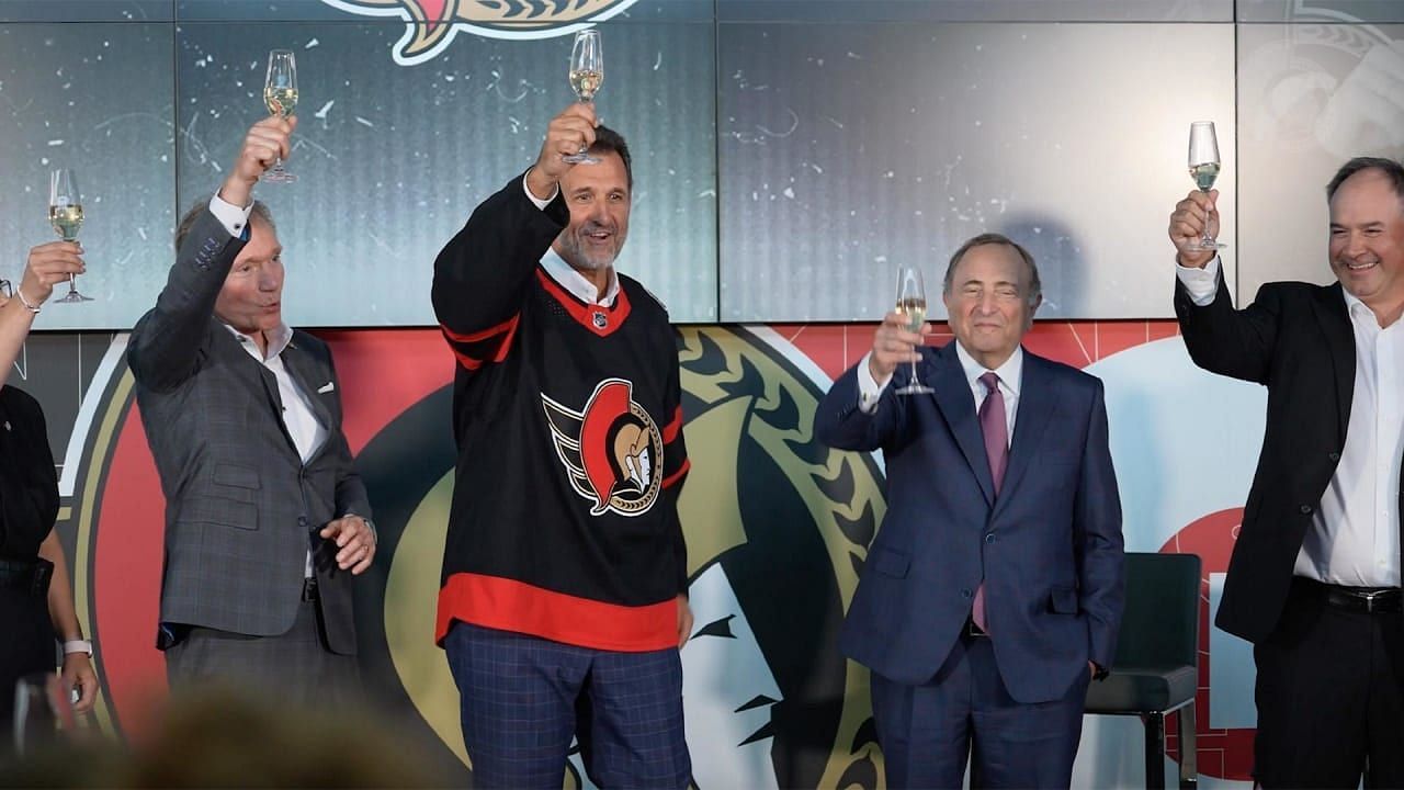 Michael Andlauer toasts the crowd in his Ottawa Senators introductory ceremony