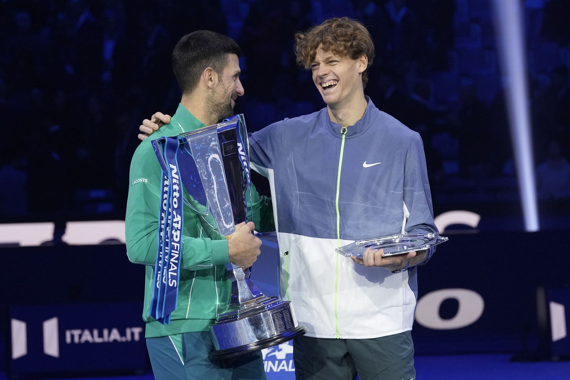 Novak Djokovic and Jannik Sinner at the ATP Finals on November 19