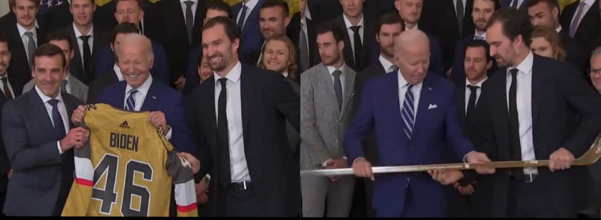 Joe Biden receives jersey and golden hockey stick 