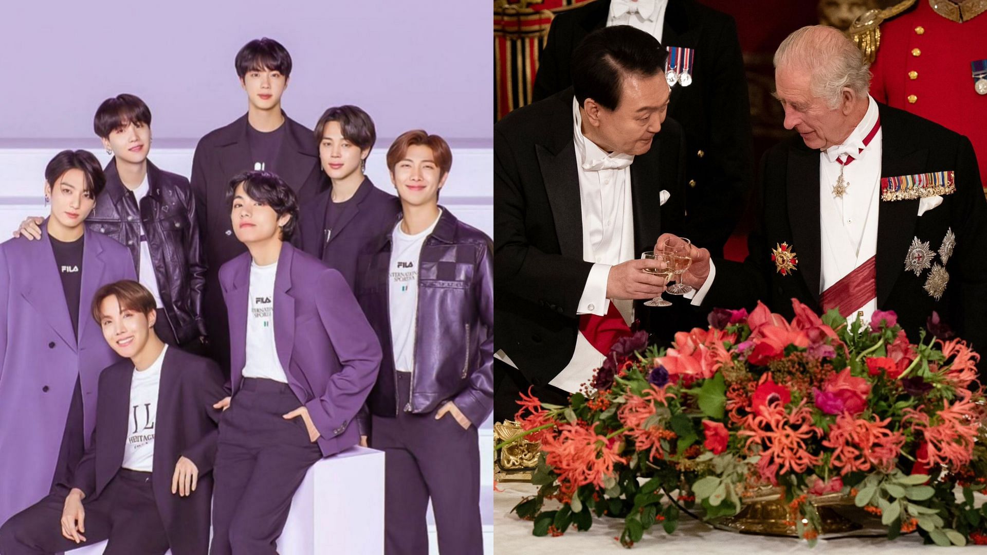 Featuring Jungkook, South Korean President Yoon Suk-yeol and Britian King Charles (Image via Bighit Entertainment and BTSNEWS/X)