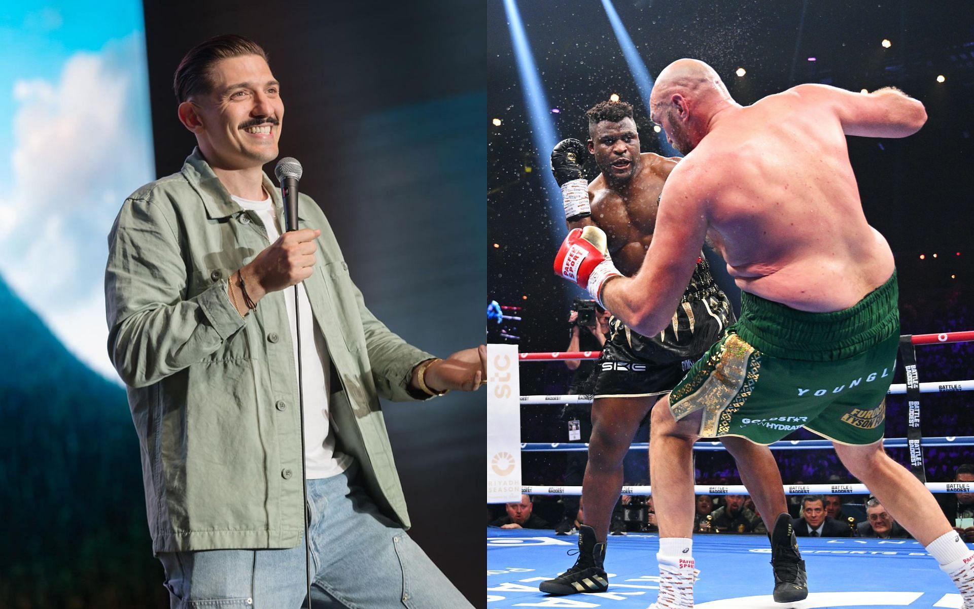Andrew Schulz and Tyson Fury vs. Francis Ngannou [Image credits: Getty Images and @andrewschulz on Instagram] 