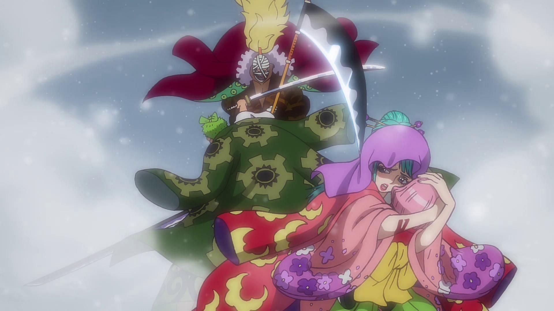 Zoro protecting Hiyori from Killer (Image via Toei Animation, One Piece)