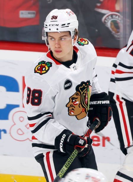 Connor Bedard of the Chicago Blackhawks warms up prior to the game against the Florida Panthers at the Amerant Bank Arena on November 12, 2023 in...