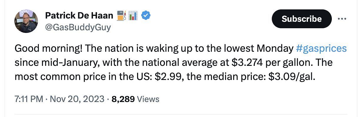 Netizens react to Thanksgiving offer on Unleaded 88 gas. (Image via X/ @gasbuddyguy)