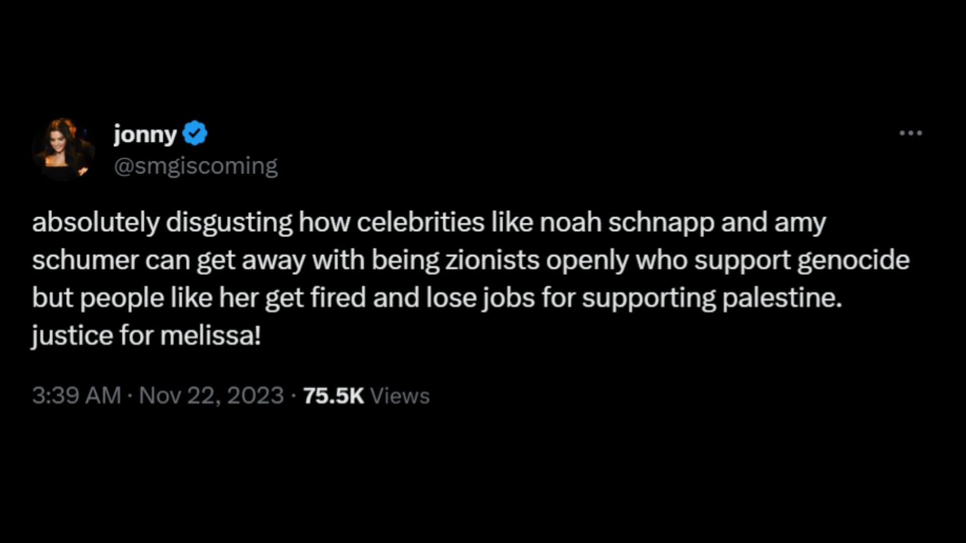 Netizens call out Hollywood for not firing Noah Schnapp or Amy Schumer but dropping Barrera for pro-Palestine posts. (Image via X/@smgiscoming)