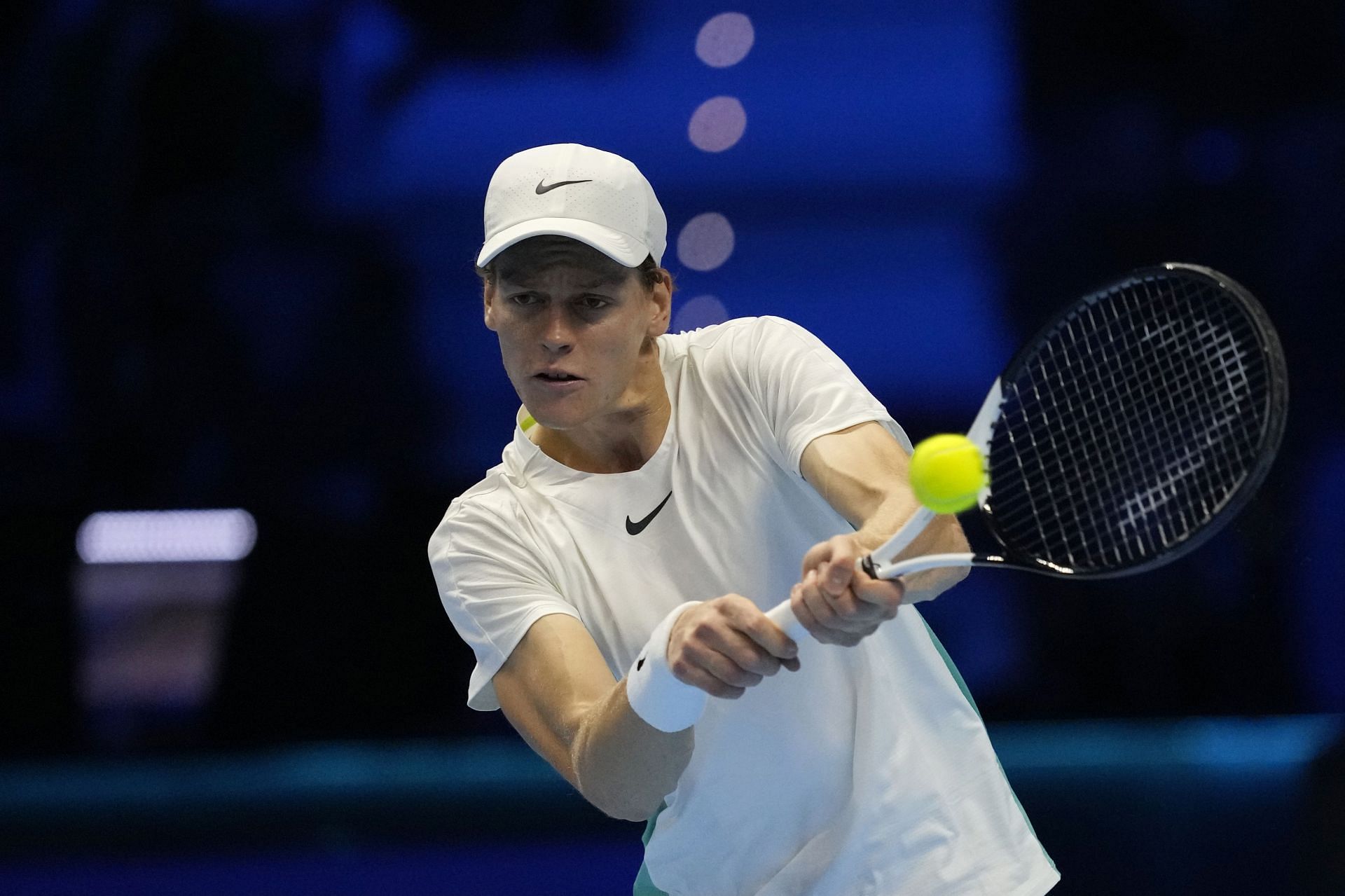 Jannik Sinner plays a backhand at Italy Tennis ATP Finals