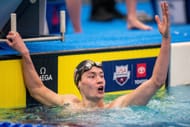 Charlie Clark reacts after winning the Men's 800-meter freestyle Final on day 1 of the Toyota US Open on November 29, 2023, in Greensboro, North Carolina.