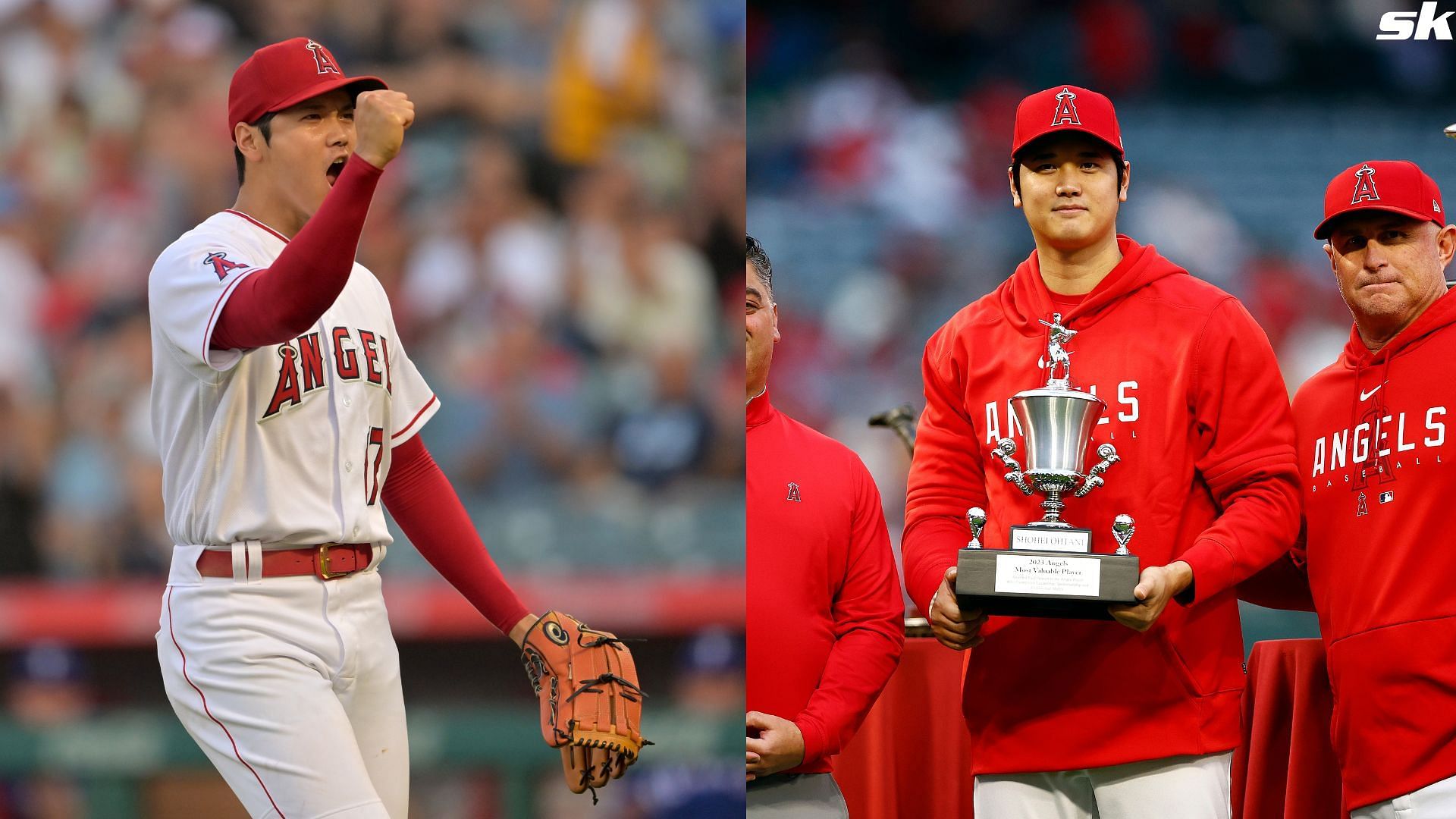 Shohei Ohtani of the Los Angeles Angels and Phil Nevin at Angel Stadium of Anaheim on September 2023