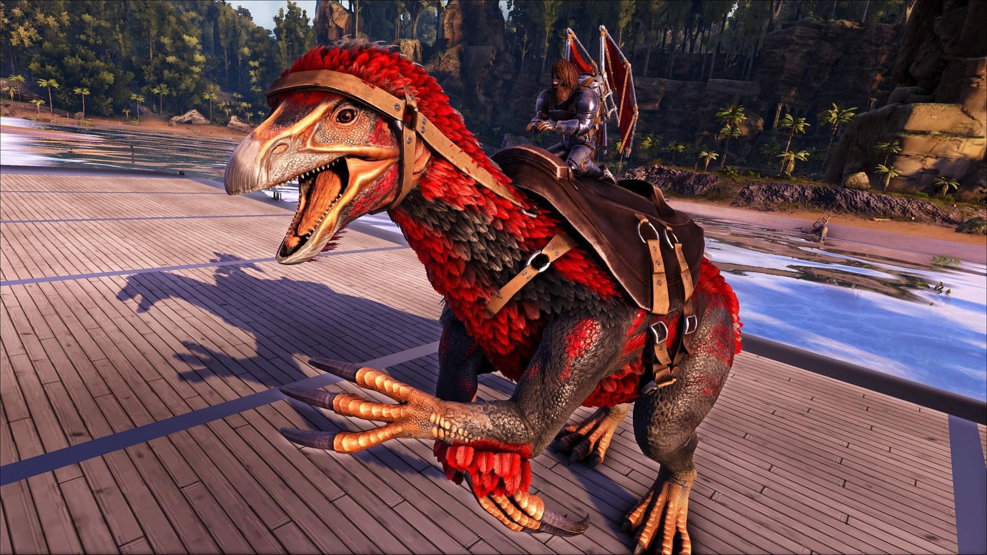 A red Therizinosaurus in Ark Survival Ascended
