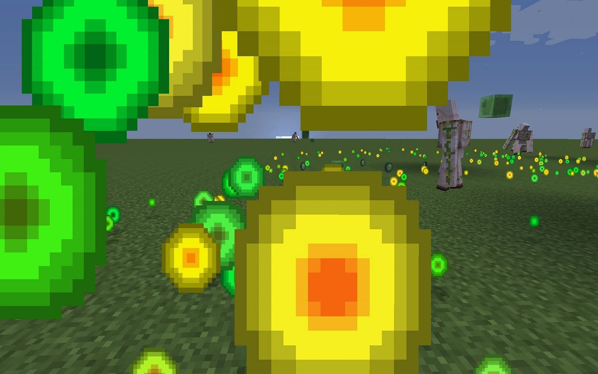A shower of XP bubbles falls on a field of iron golems in Minecraft