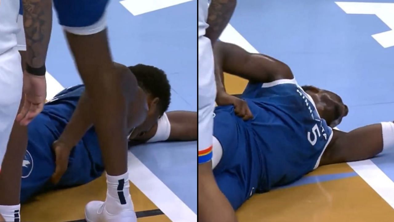 Anthony  Edwards landed hard on the floor in the third quarter of the game between the OKC Thunder and Minnesota Timberwolves.