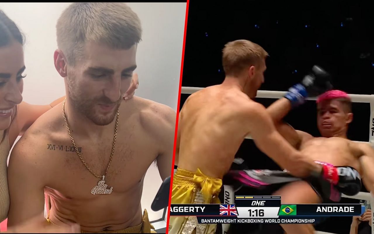 Jonathan Haggerty watching his fight against Fabricio Andrade (left) and Andrade fighting Andrade (right)