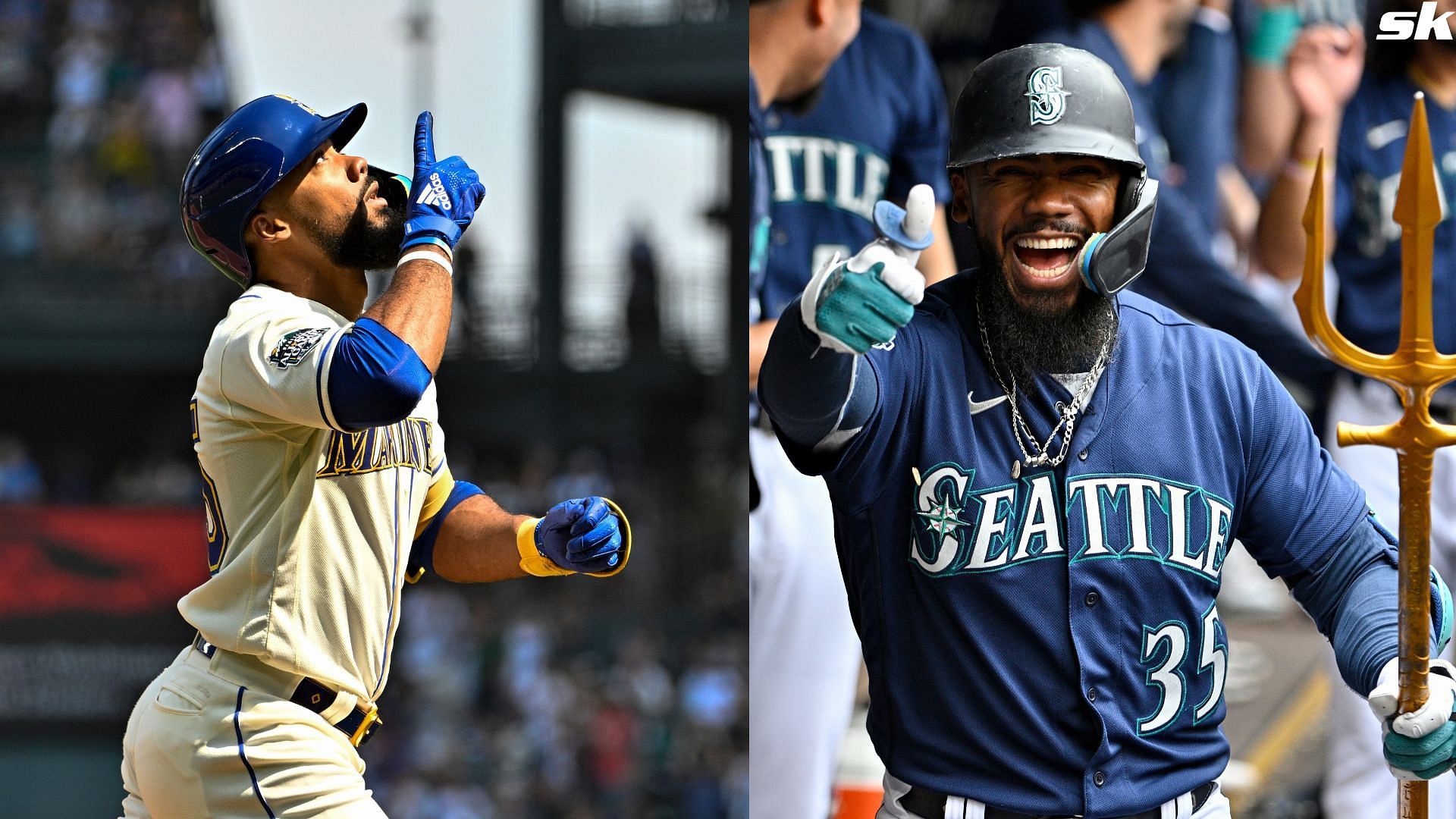 Teoscar Hernandez of the Seattle Mariners celebrates with teammates after hitting a three-run home run against the Oakland Athletics