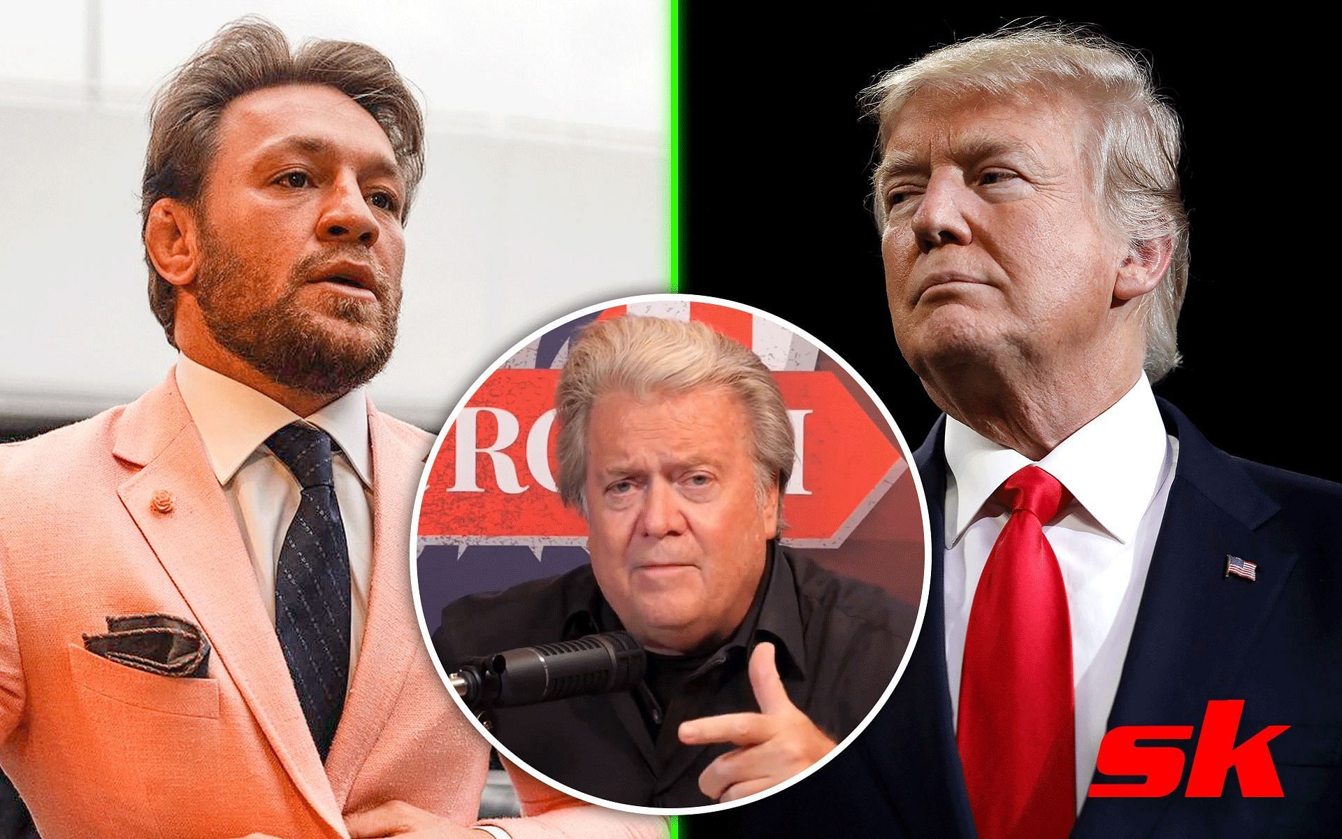 Conor McGregor, Steve Bannon and Donald Trump [Image via: Getty Images, @thenotoriousmma on Instagram and @TuckerCarlson on Twitter] 
