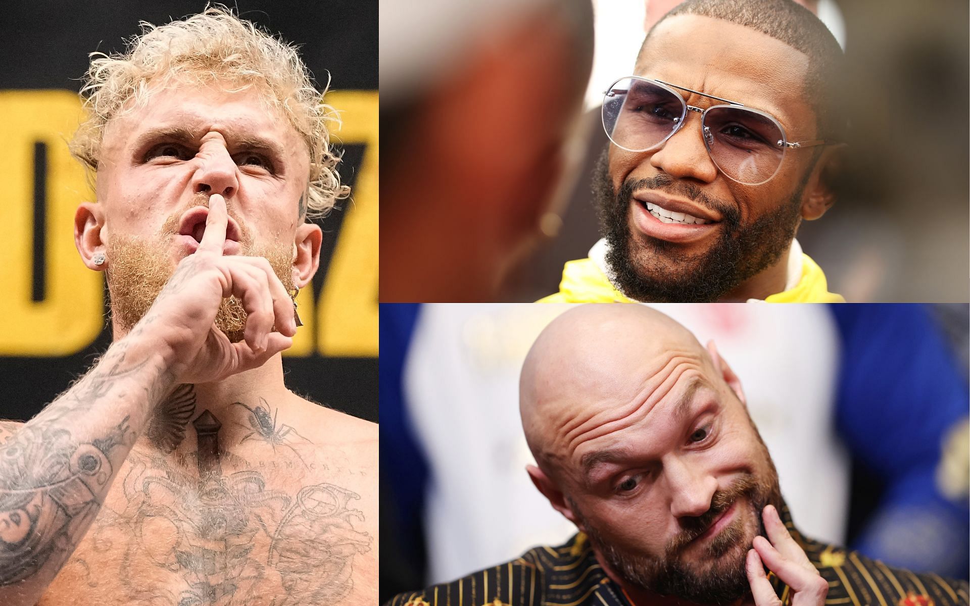 Jake Paul (left), Floyd Mayweather (top), and Tyson Fury (bottom). [via Getty Images]