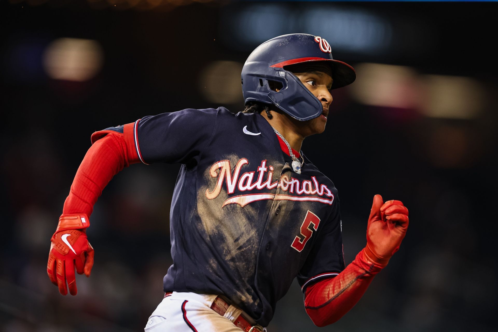 CJ Abrams #5 of the Washington Nationals doubles against the Chicago White Sox