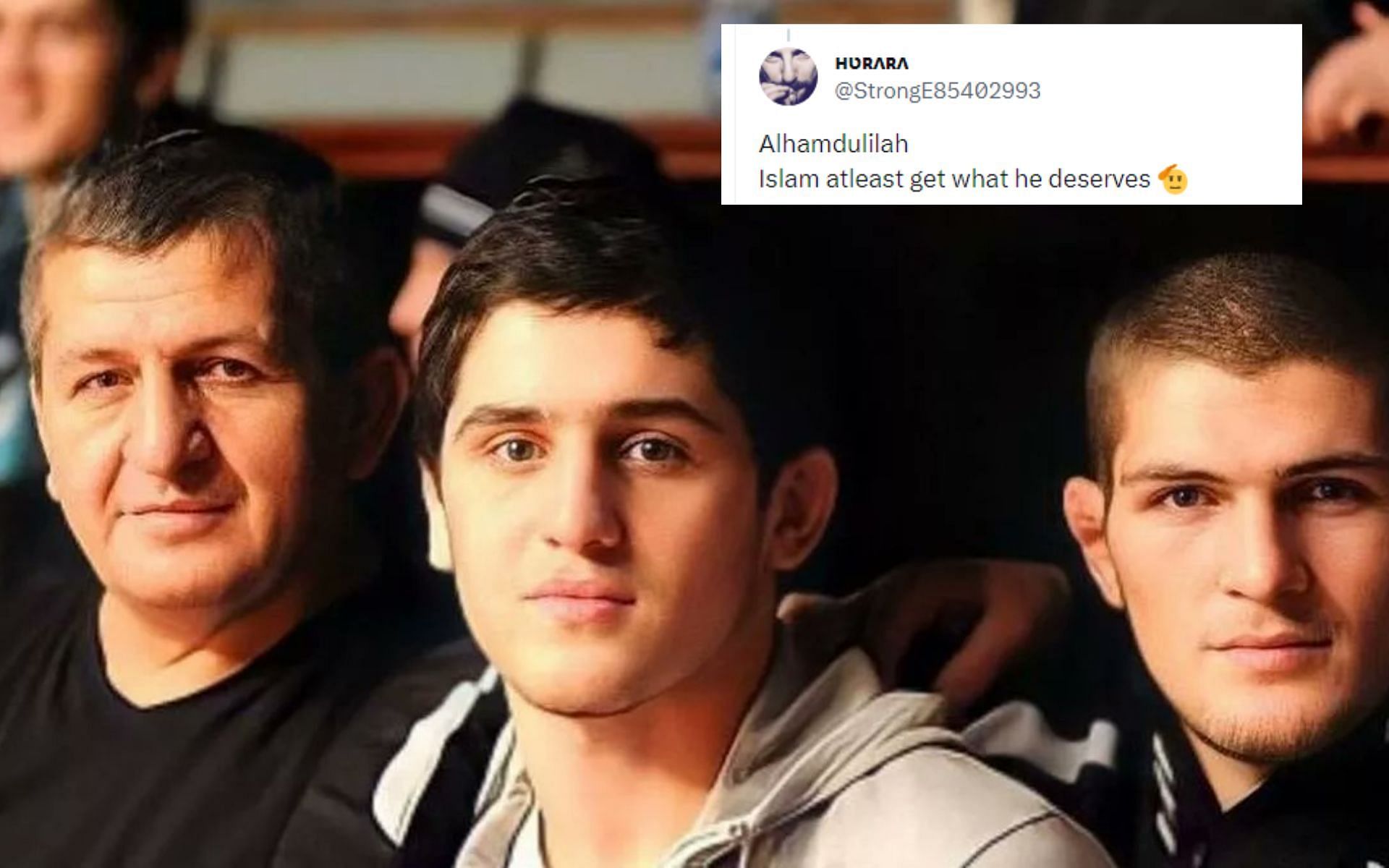 Islam Makhachev, Abdulmanap and Khabib Nurmagomedov [Photo credit: @WillHarrisAOAF - X]