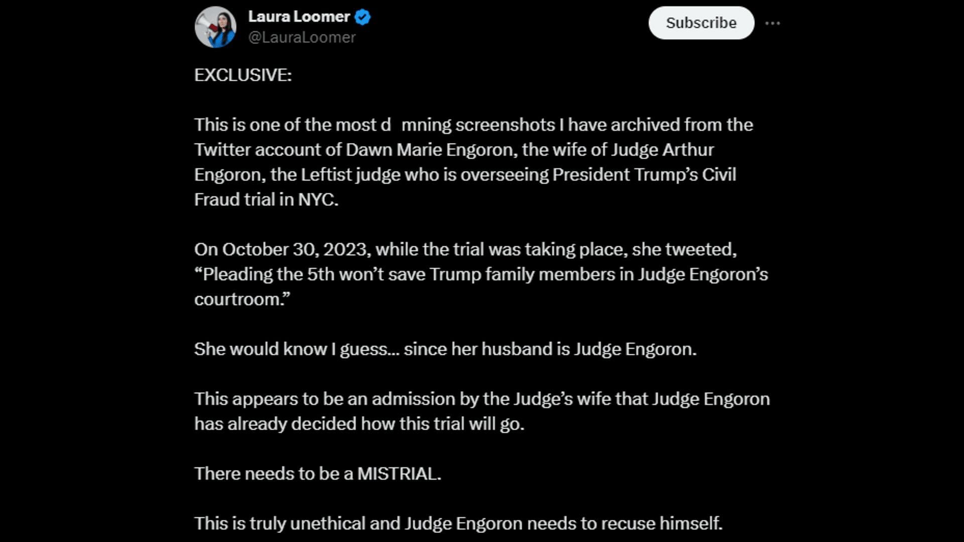 Loomer accuses Dawn Marie of influencing her husband. (Image via X/LauraLoomer)