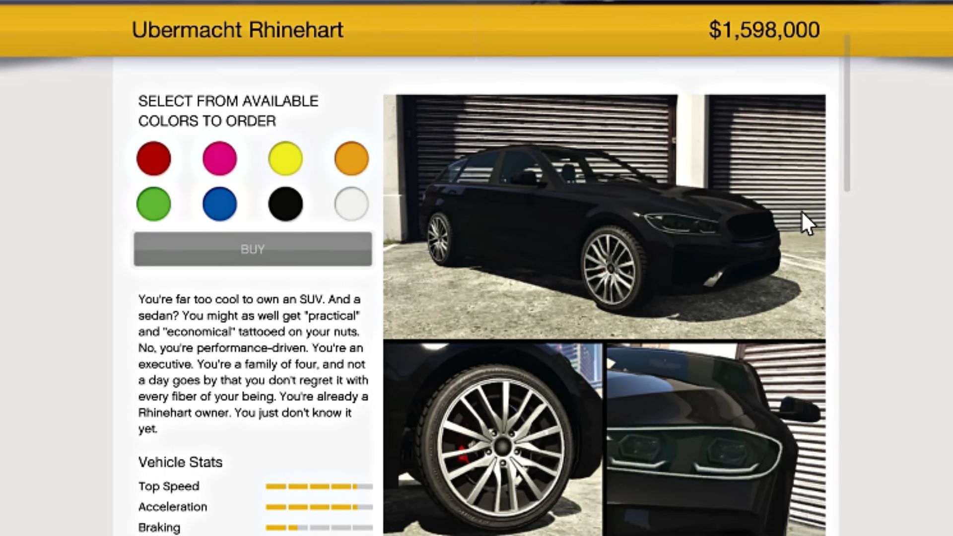 The Ubermacht Rhinehart&#039;s page in Southern San Andreas Super Autos (Image via YouTube/Digital Car Addict)