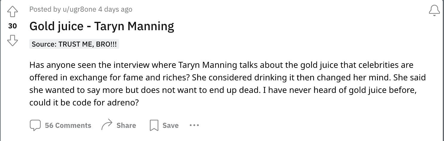 Social media users react as Manning&#039;s statements about &quot;Gold Juice&quot; go viral: Conspiracy theories explored. (Image via Reddit)