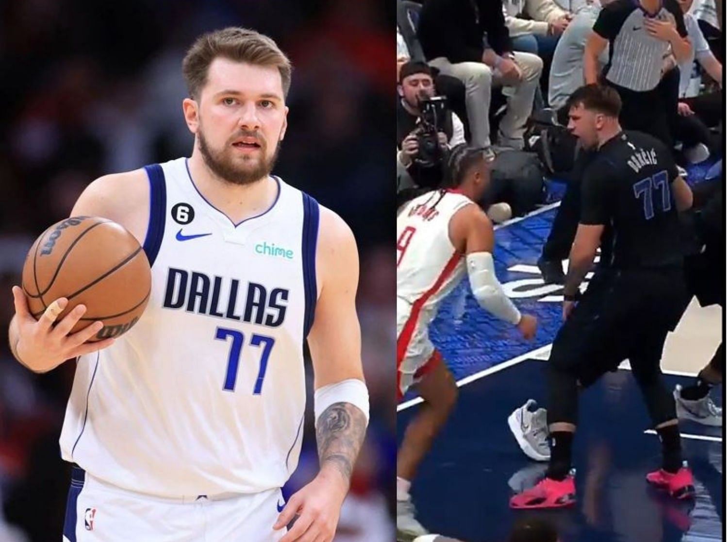 Dallas Mavericks All-Star Luka Doncic (L) had some words to say to Dillon Brooks of the Houston Rockets after he missed a layup in their game on Tuesday.