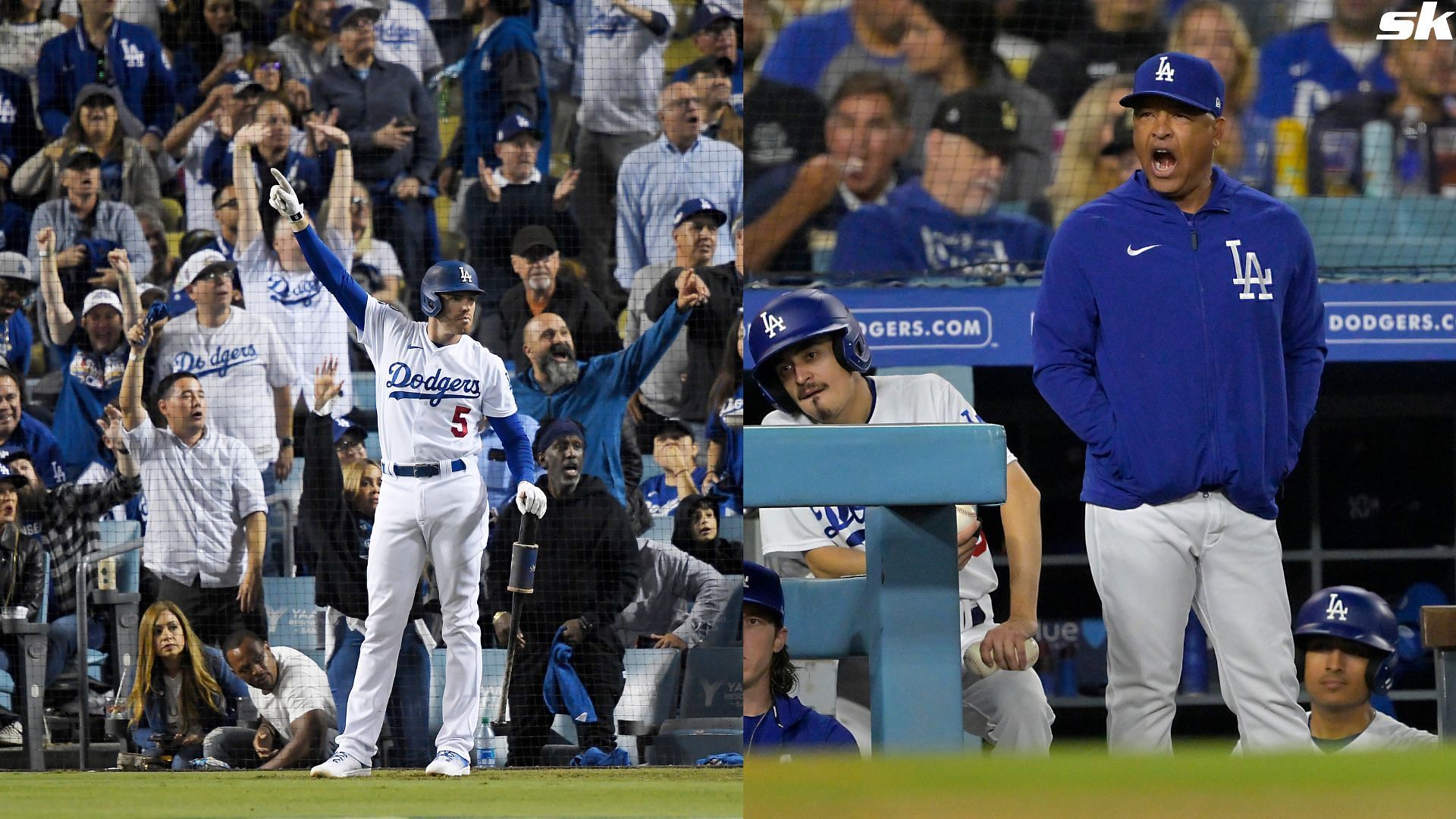 Freddie Freeman of the Los Angeles Dodgers celebrates a home run by Trea Turner in the NLDS