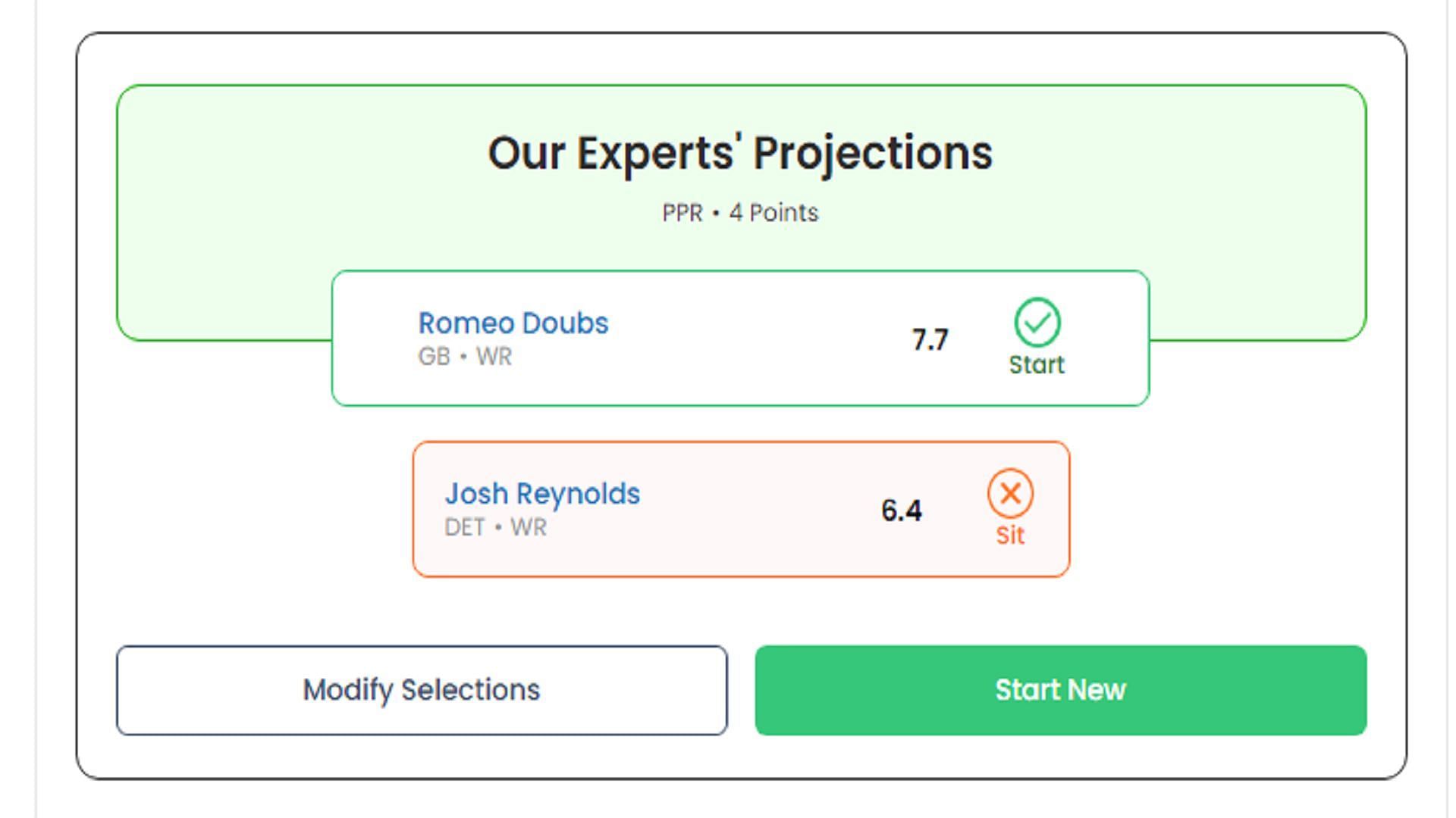 Romeo Doubs and Josh Reynolds fantasy projections via Sportskeeda's Start/Sit Calculator